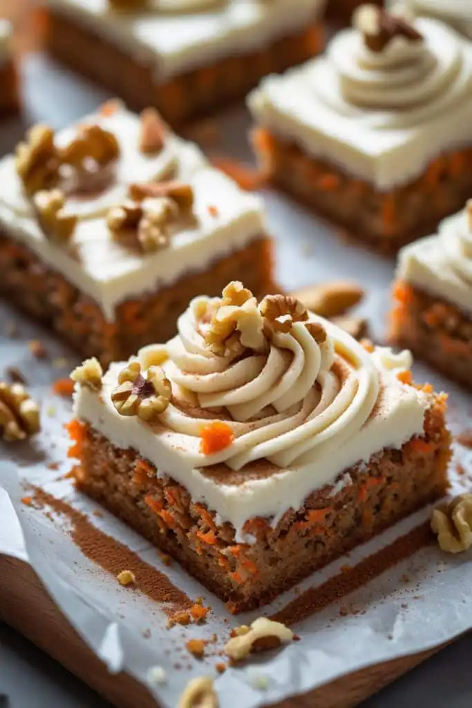 Close-up of moist carrot cake bars with cream cheese frosting and chopped walnuts