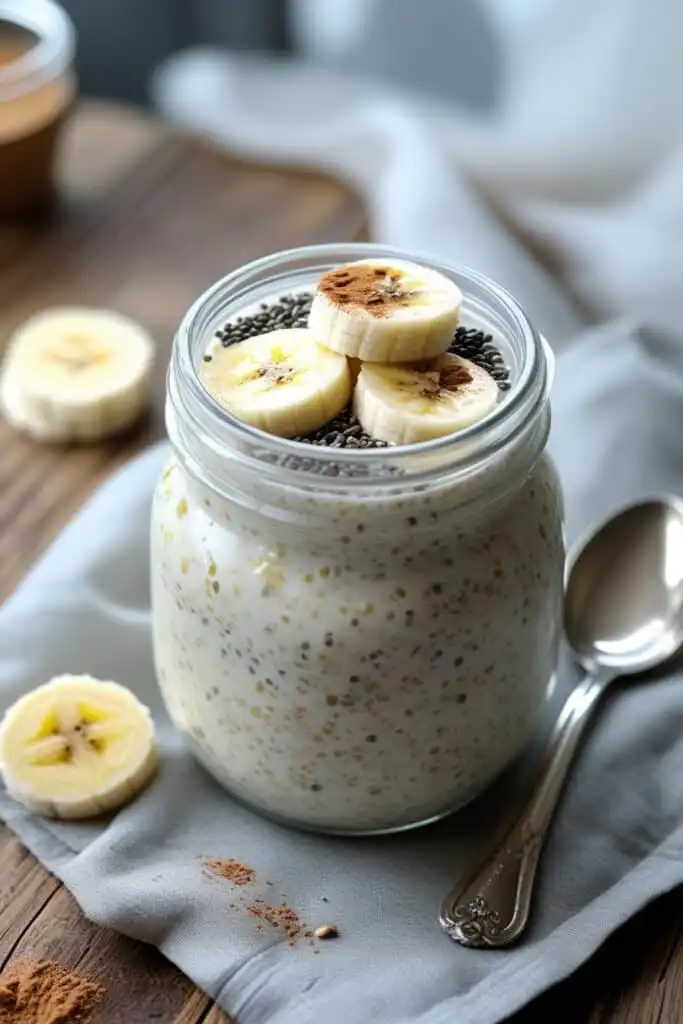 weight watchers overnight oats recipe in mason jar with banana and chia seeds