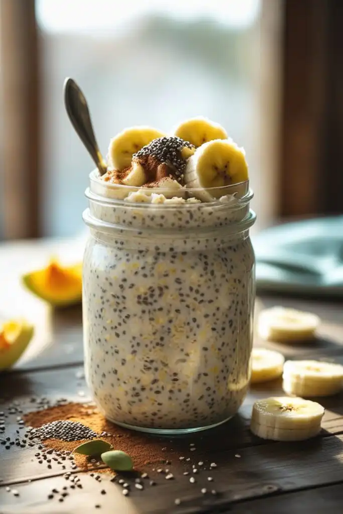 weight watchers overnight oats recipe in mason jar with banana and chia seeds
