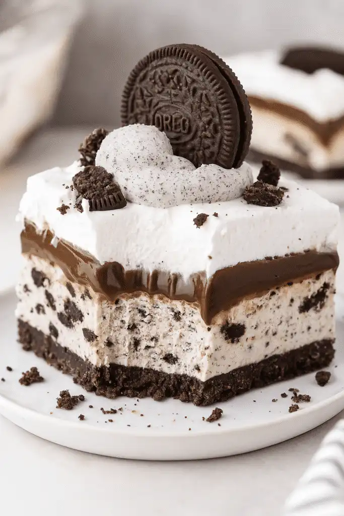 A close-up of a decadent Oreo ice cream lasagna slice on a white plate, layered with a chocolate cookie crust, cookies and cream ice cream, chocolate pudding, whipped cream, and topped with a whole Oreo and crumbled cookie pieces.