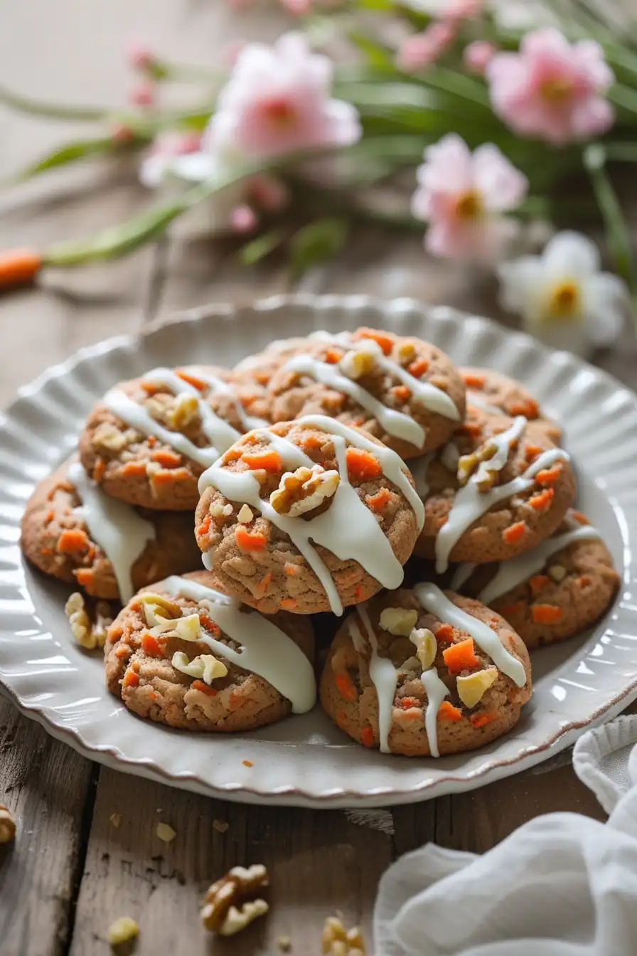 Freshly baked carrot cake cookies with cream cheese glaze on a white plate