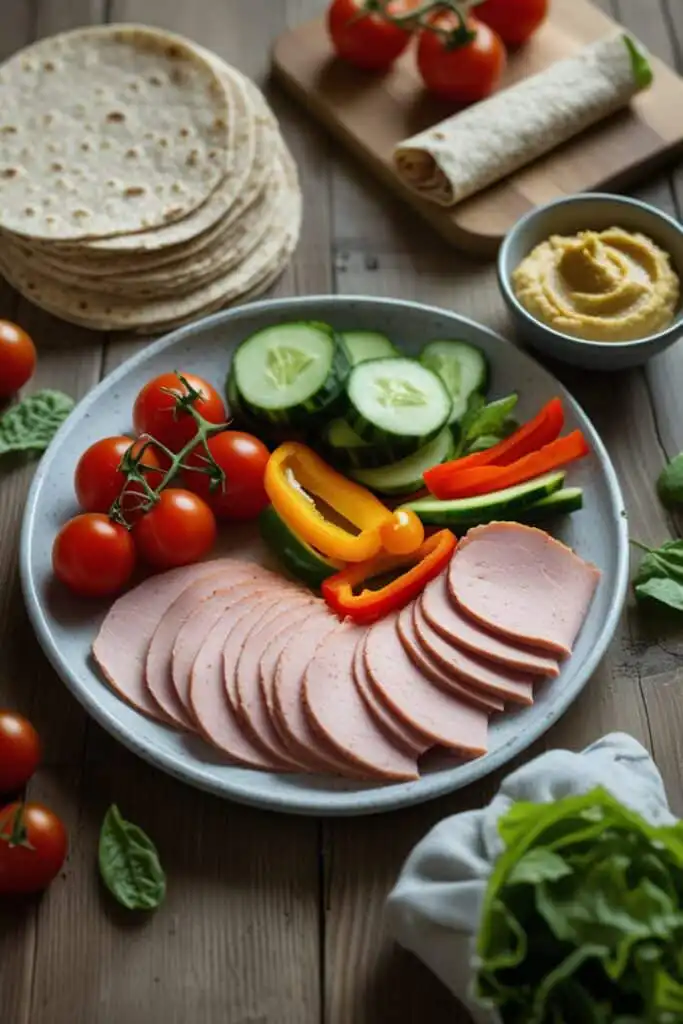 healthy turkey lunch meat meal prep with vegetables and wraps