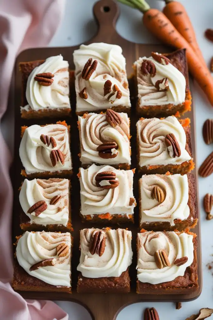 Moist carrot cake bars topped with cream cheese frosting and cinnamon