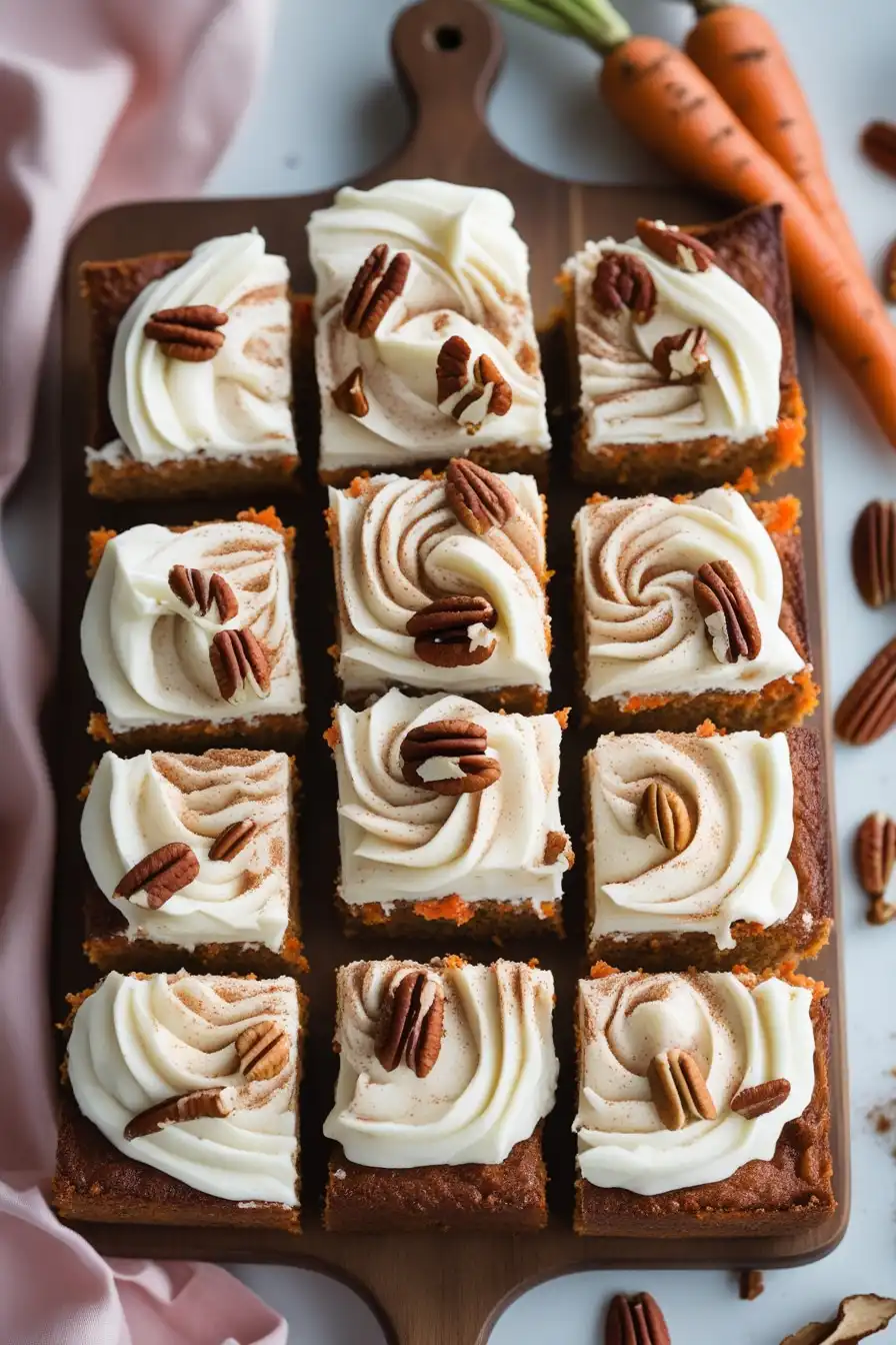 Moist carrot cake bars topped with cream cheese frosting and cinnamon