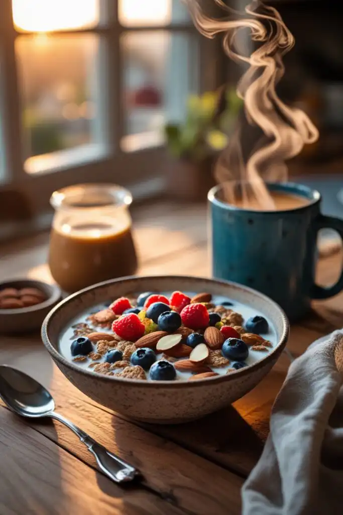 breakfast cereal Kashi in a rustic bowl with coffee