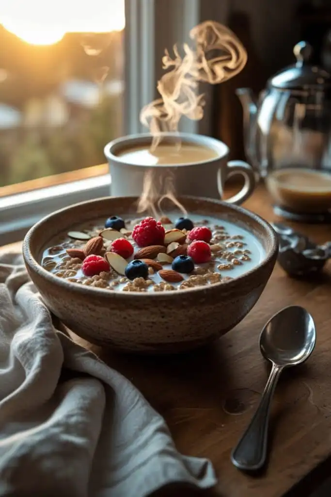 breakfast cereal Kashi in a rustic bowl with coffee