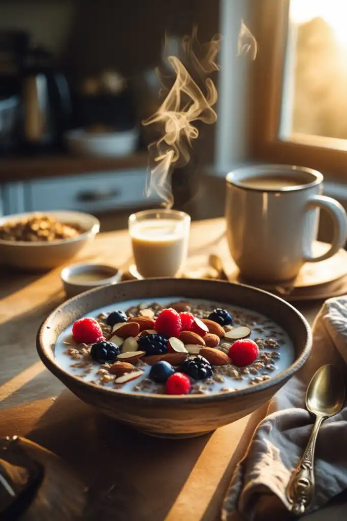 breakfast cereal Kashi in a rustic bowl with coffee