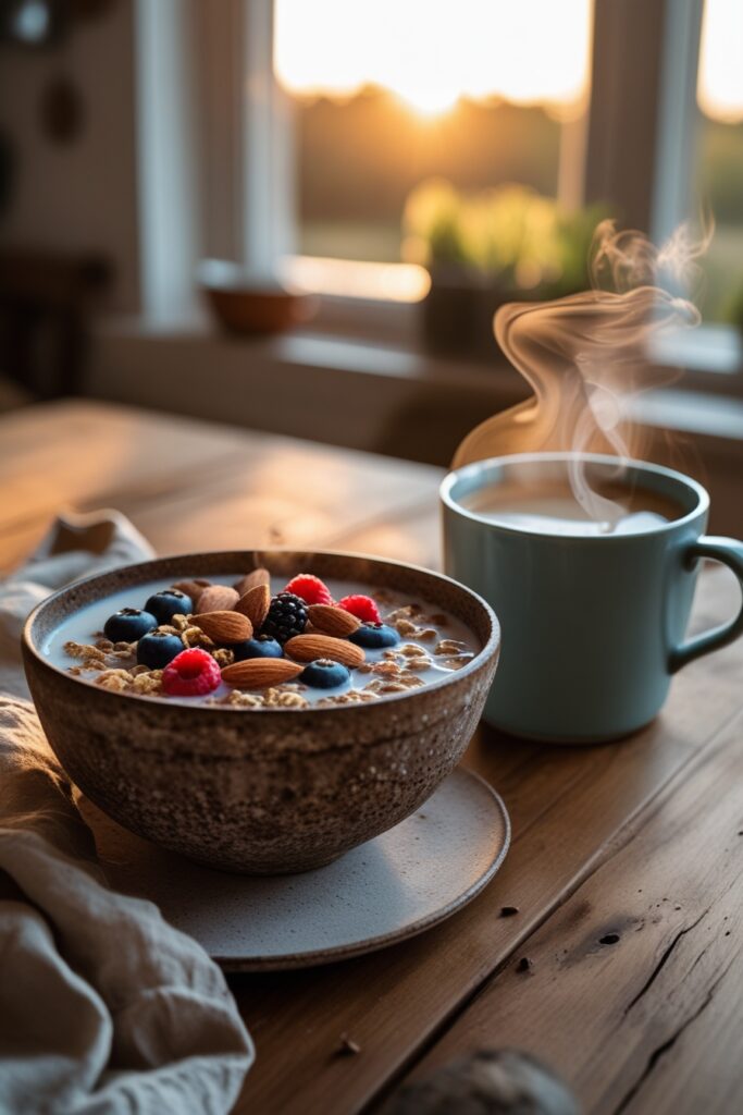 breakfast cereal Kashi in a rustic bowl with coffee