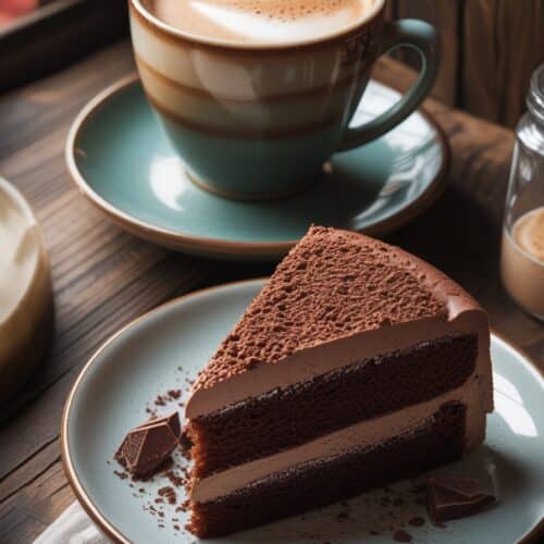 Cappuccino and cake on café table