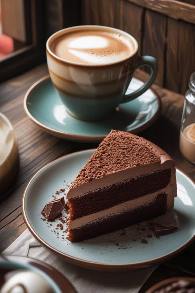 Cappuccino and cake on café table