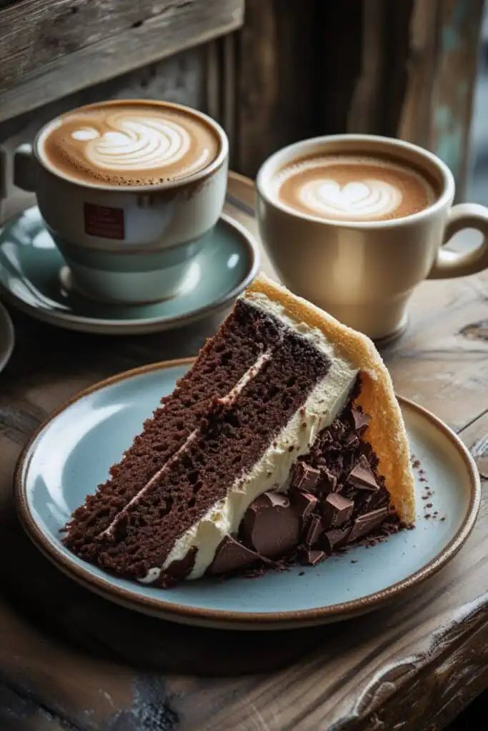 Cappuccino and cake on café table