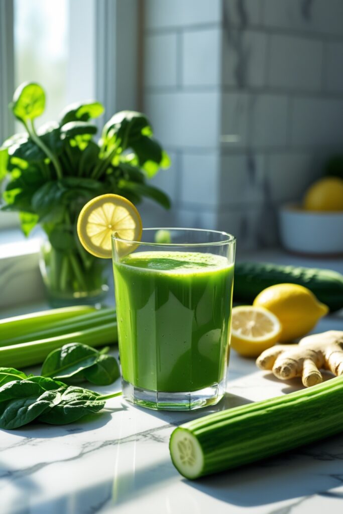 Cleanse Green Juice 9 Cleanse Green Juice in glass with fresh ingredients