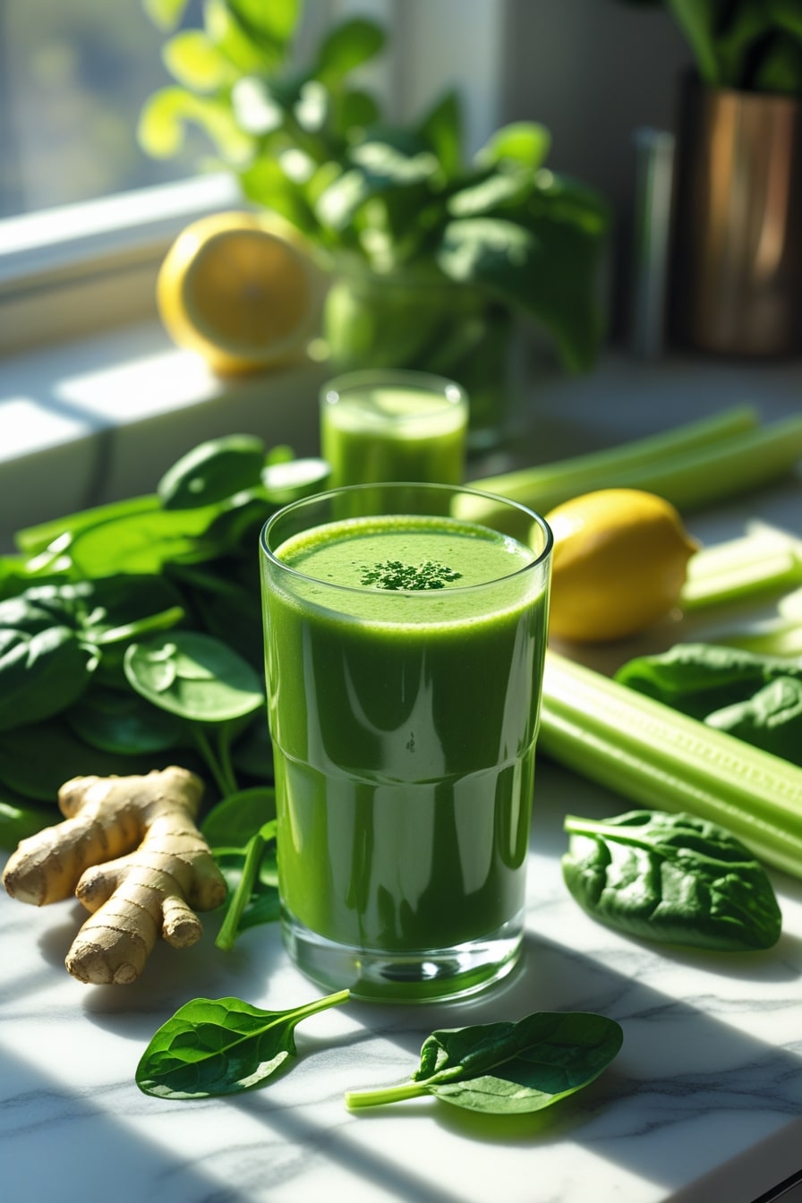 Cleanse Green Juice in glass with fresh ingredients