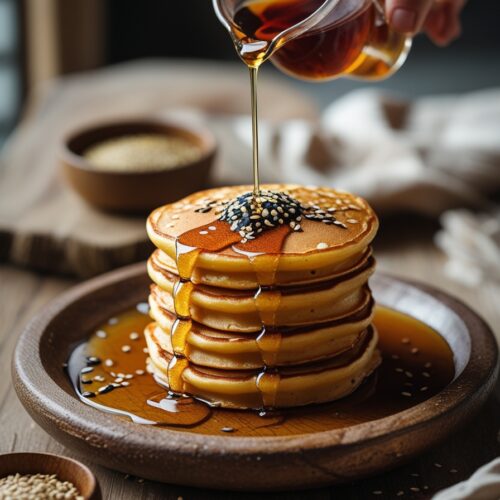 Golden-brown Korean Hotteok pancakes filled with sweet syrup, served on a wooden plate.