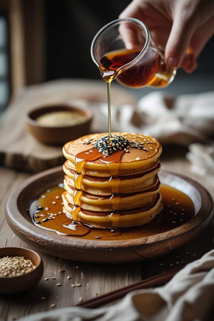 Korean Desserts 3 Golden-brown Korean Hotteok pancakes filled with sweet syrup, served on a wooden plate.