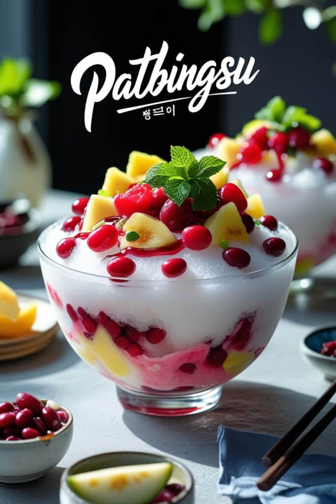 Korean Desserts 7 Colorful Korean Patbingsu dessert with shaved ice, red beans, fresh fruits, and condensed milk