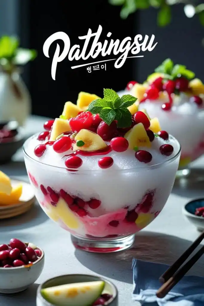 Colorful Korean Patbingsu dessert with shaved ice, red beans, fresh fruits, and condensed milk