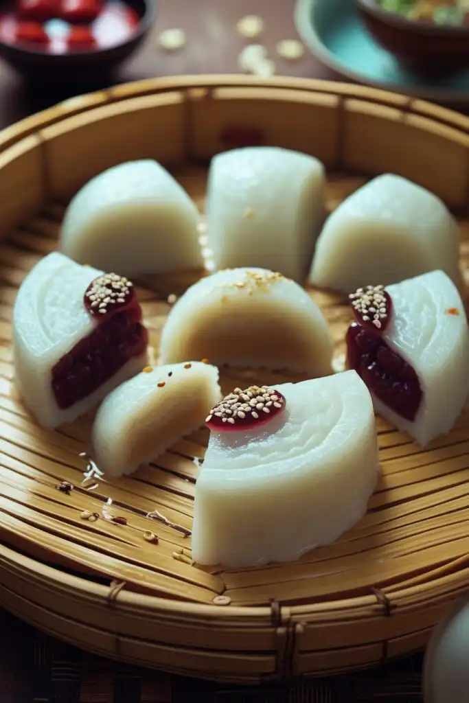 Korean Injeolmi chewy rice cakes coated with soybean powder.