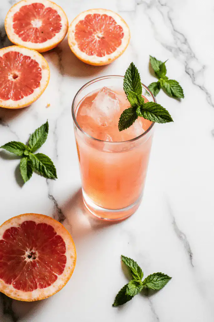 top down view of a tall glass of freshly squeezed grapefruit juice on a white marble table with sli s10gbbveyzmsfnvfn249 2
