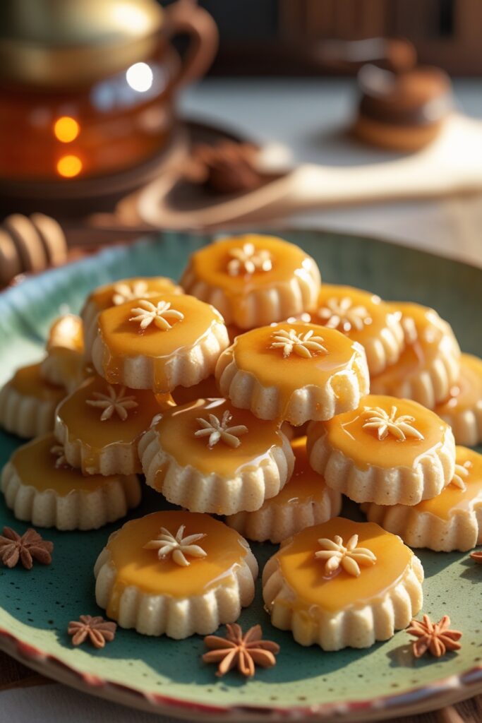 Korean Desserts 4 Traditional Korean Yakgwa honey cookies on a ceramic plate, glazed and elegant.