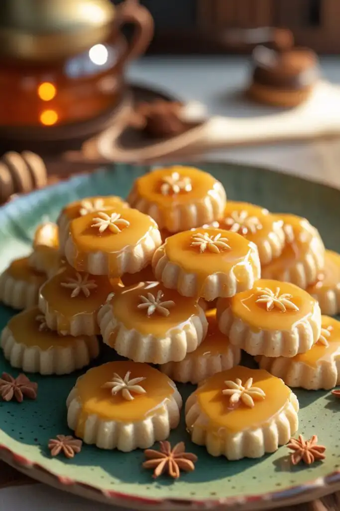 Traditional Korean Yakgwa honey cookies on a ceramic plate, glazed and elegant.