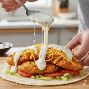 Chicken tender wraps with melted cheddar cheese, crispy chicken, and creamy ranch inside a tortilla