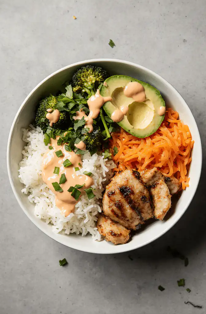 Bang Bang Chicken Bowl with crispy chicken, rice, and veggies