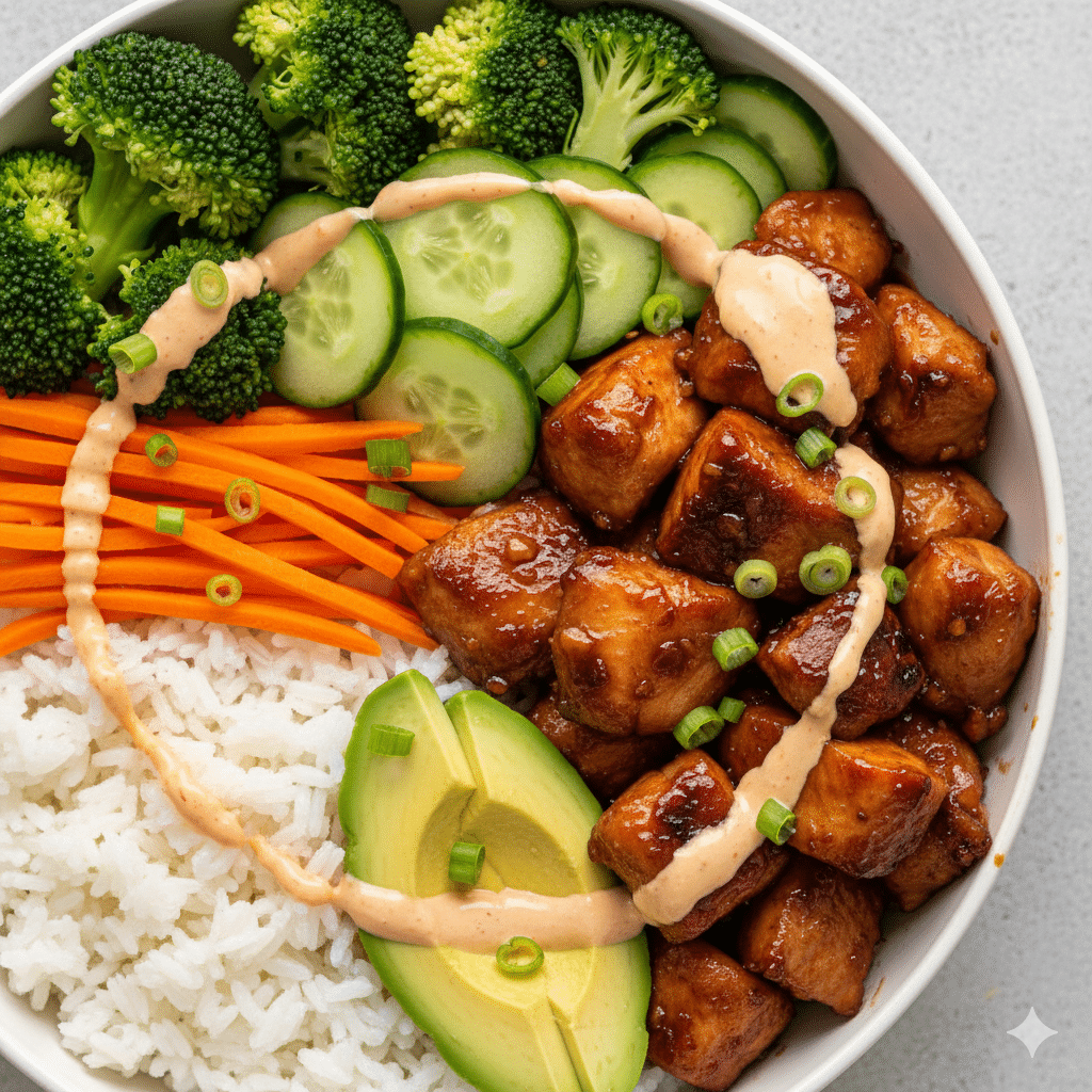 Served Bang Bang Chicken Bowl with fresh toppings