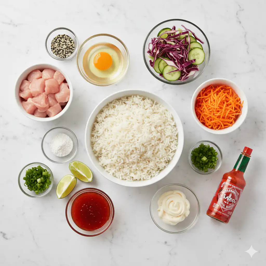 Ingredients for Bang Bang Chicken Bowl arranged on table