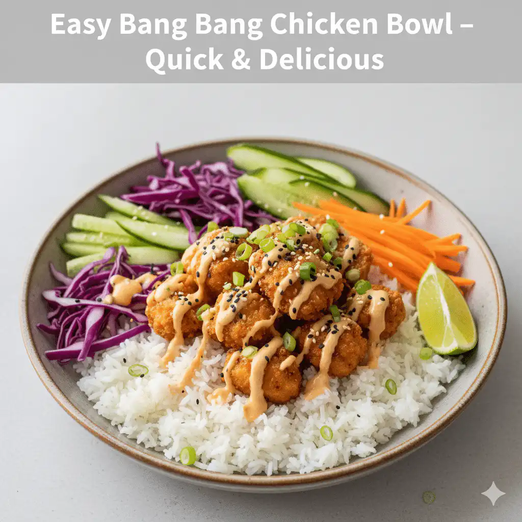 Served Bang Bang Chicken Bowl with fresh toppings