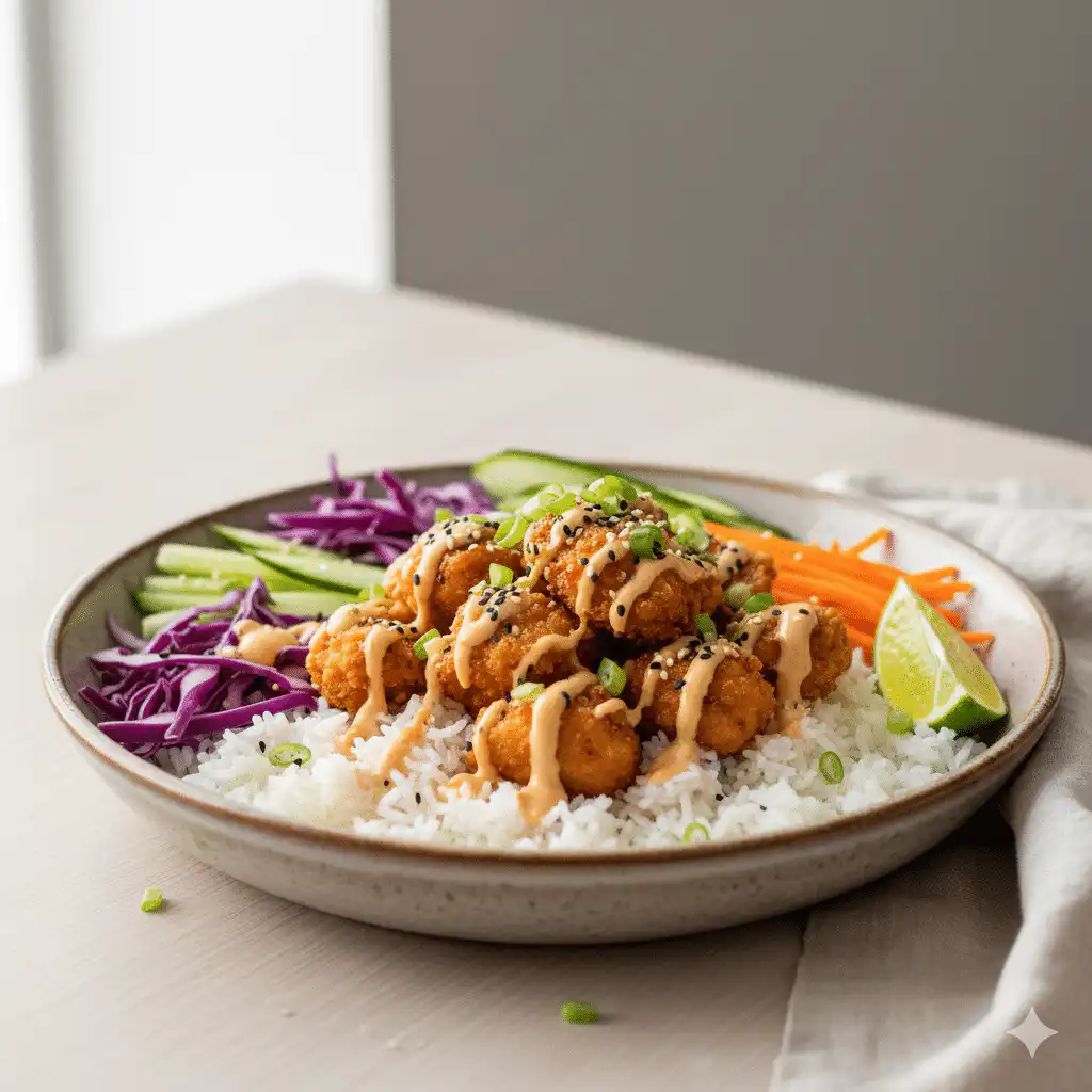 Served Bang Bang Chicken Bowl with fresh toppings