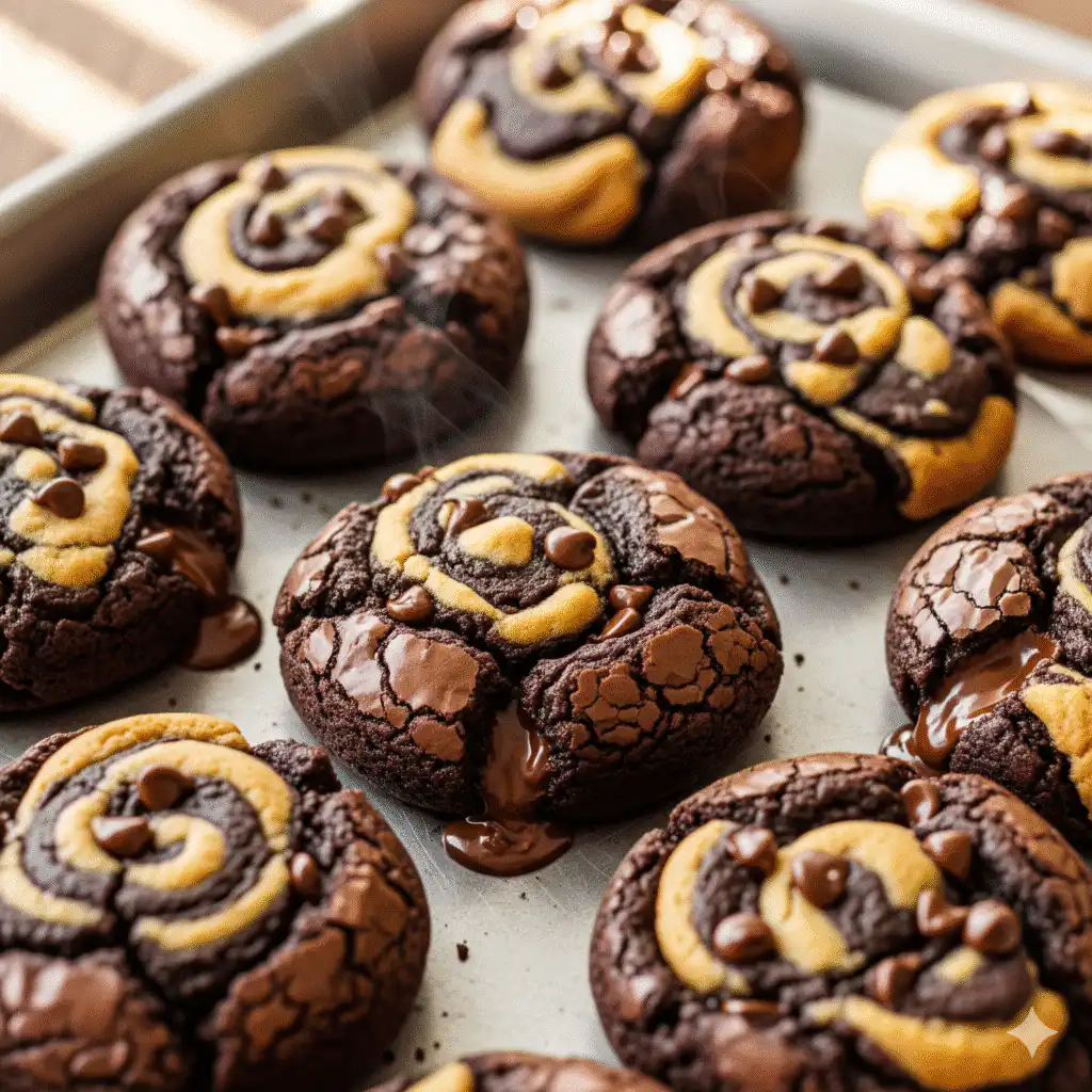 Freshly baked brookies cooling on a tray with cracked brownie tops and melted chocolate chips
