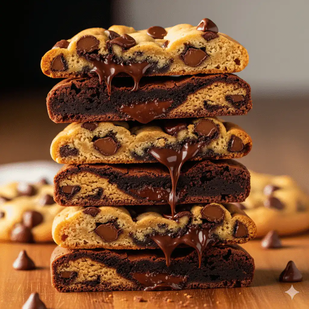 Mixing brownie batter with cookie dough and chocolate chips in a bowl