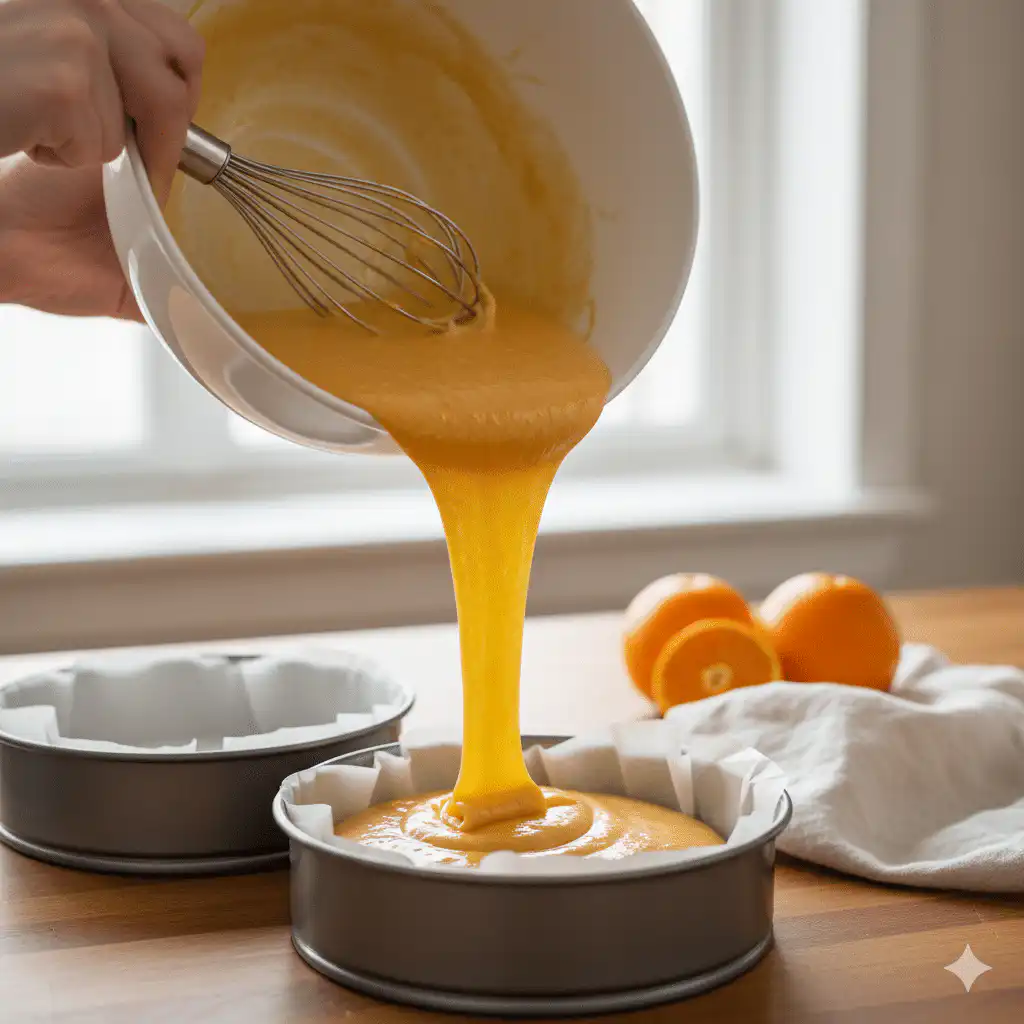 Batter for cake orange creamsicle being poured into pans