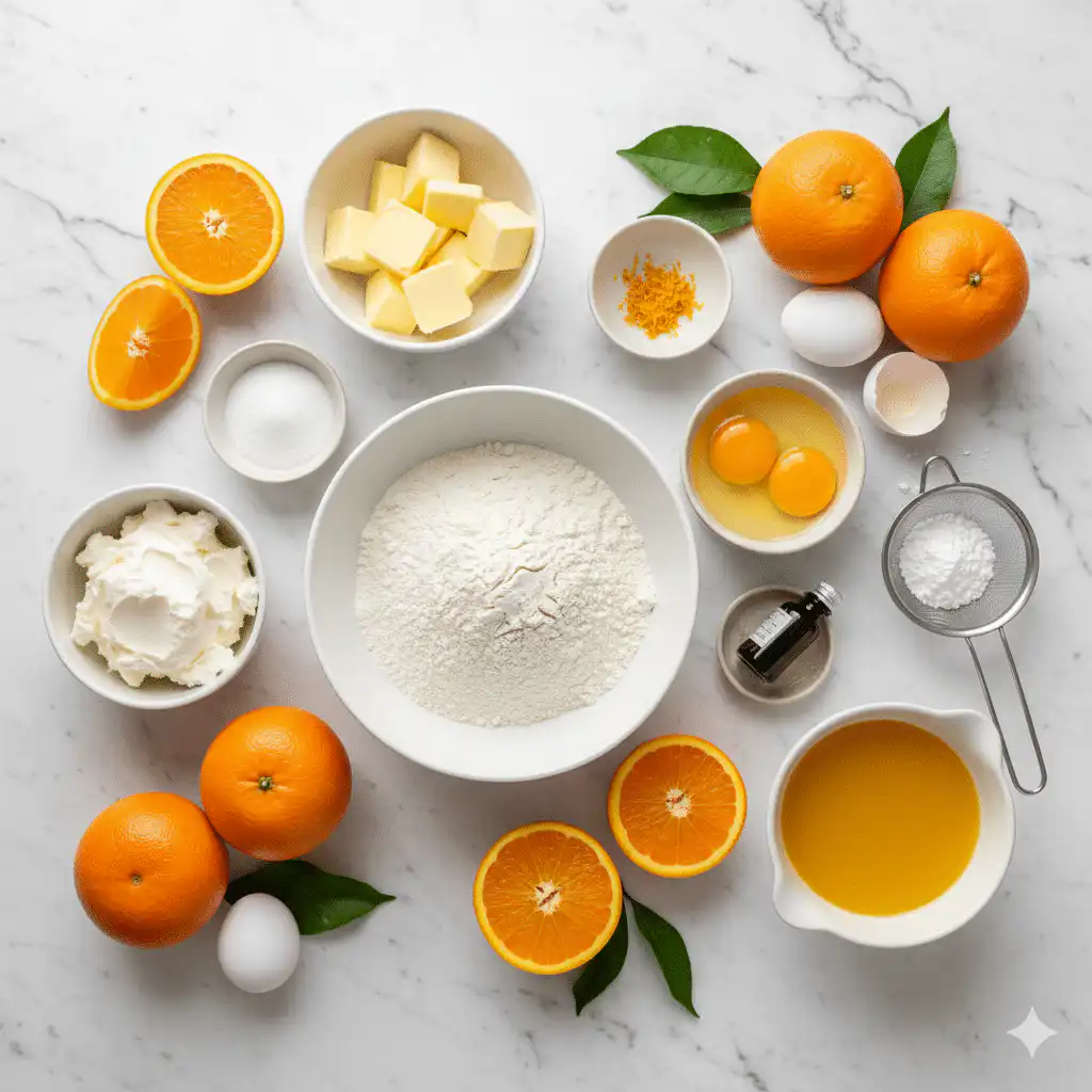 Ingredients for cake orange creamsicle on marble background
