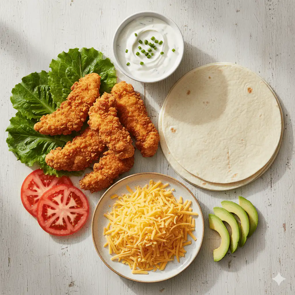 Ingredients for chicken tender wraps including melted cheese, crispy chicken tenders, tortillas, lettuce, and ranch dressing