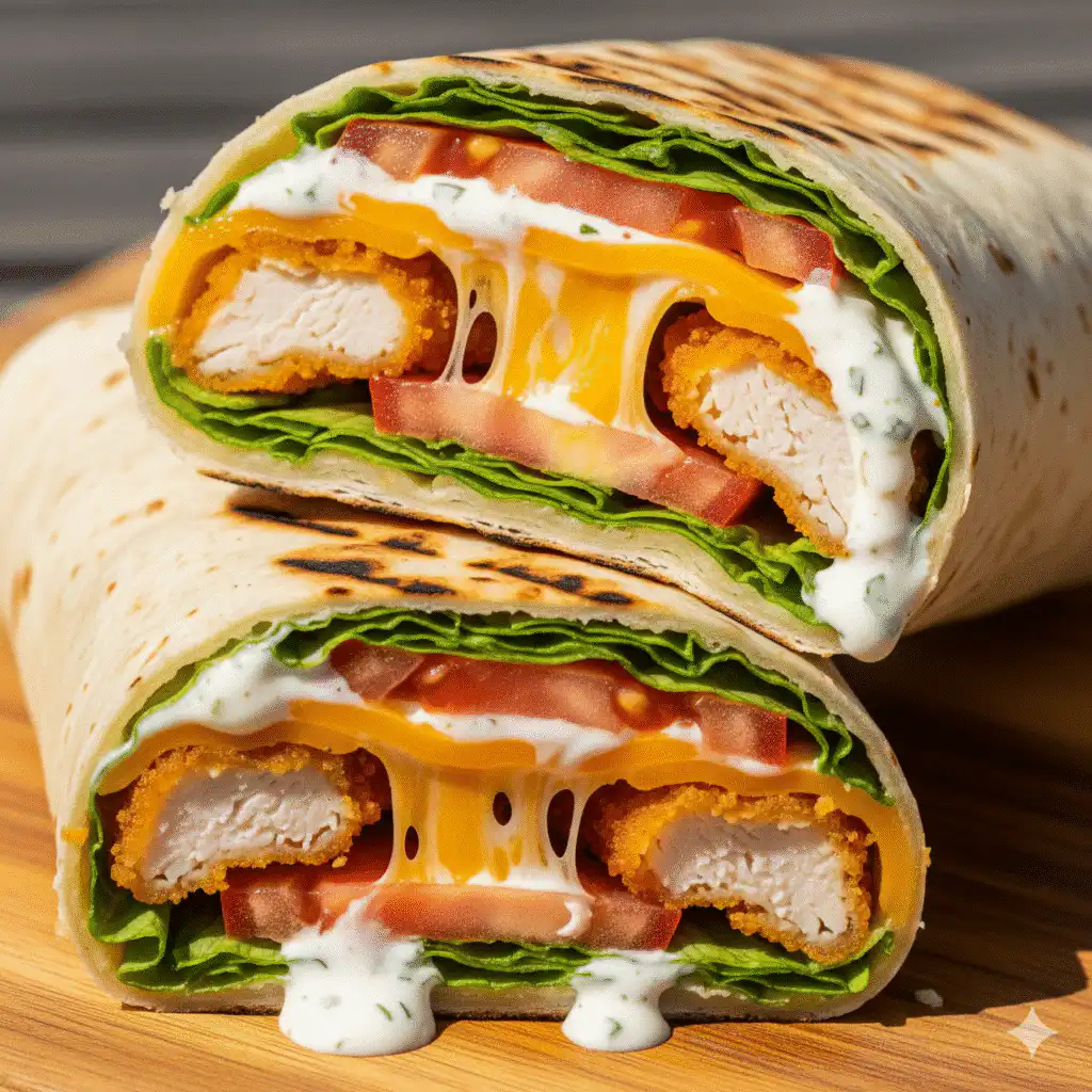 Hands assembling a chicken tender wrap with melted cheese, lettuce, and ranch dressing