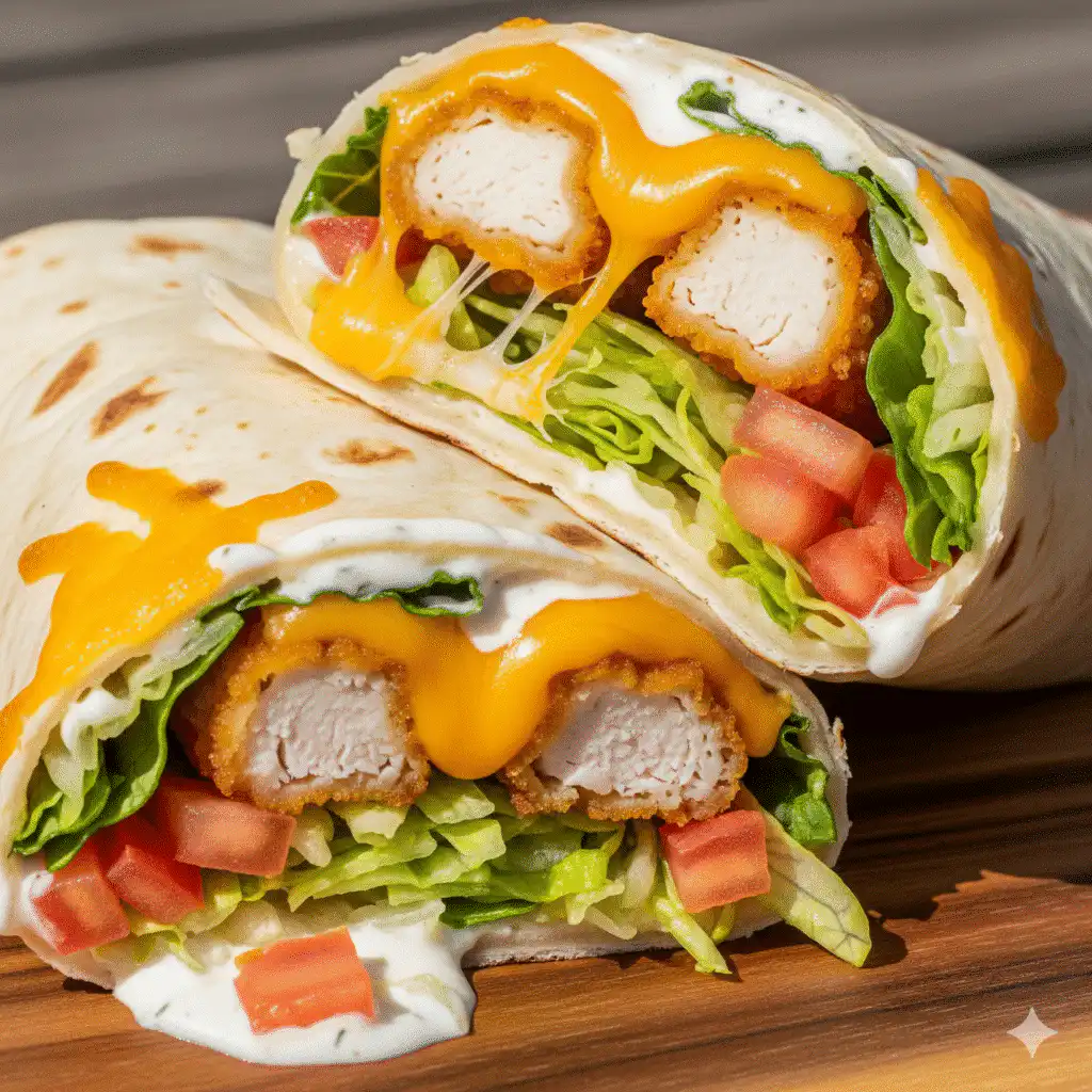 Chicken tender wraps with melted cheddar cheese, crispy chicken, and creamy ranch inside a tortilla.