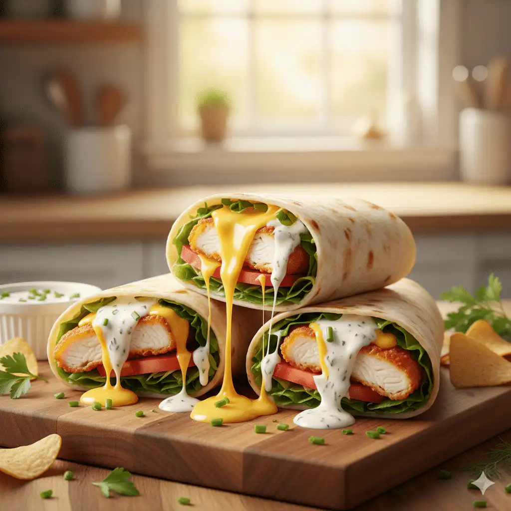 Chicken tender wraps with melted cheese and creamy ranch, styled for Pinterest recipe card