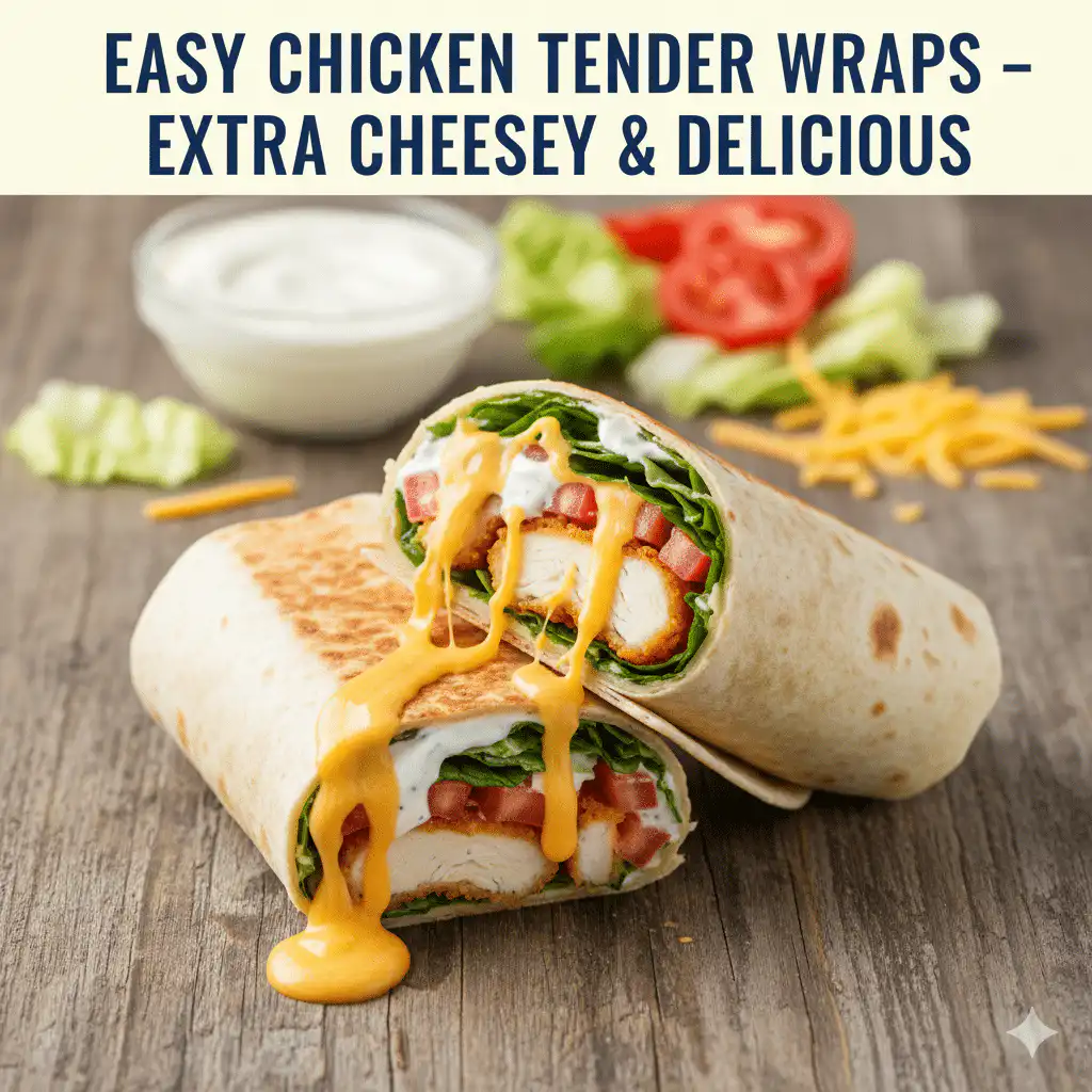 Chicken tender wraps with melted cheddar cheese, crispy chicken, and creamy ranch inside a tortilla
