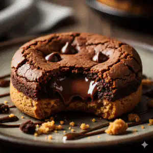 Stack of fudgy chewy brookies with gooey chocolate layers and golden cookie swirls