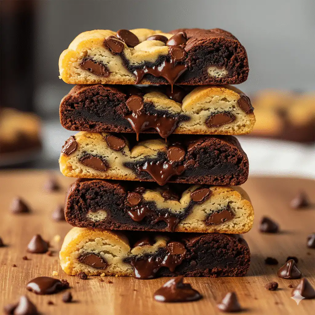 Brownie and cookie batters layered into a baking pan