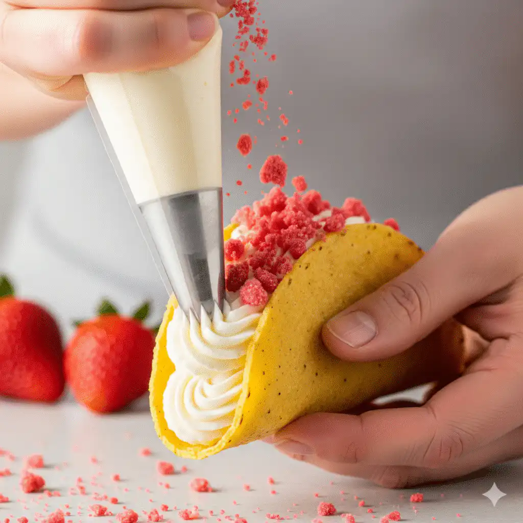Assembling Strawberry Crunch Cheesecake Tacos step by step