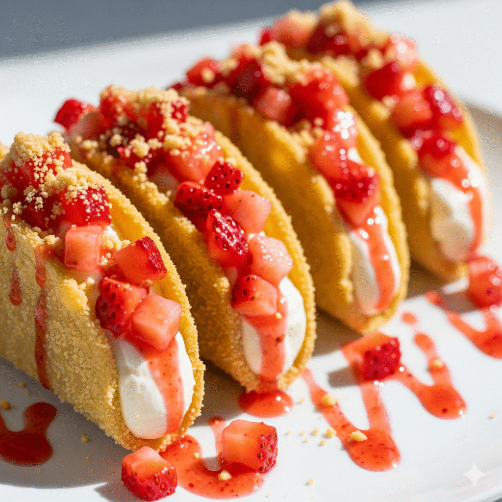Strawberry Crunch Cheesecake Tacos – Easy No Bake Dessert 6 Strawberry Crunch Cheesecake Tacos recipe card image