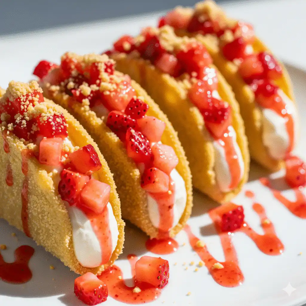 Strawberry Crunch Cheesecake Tacos recipe card image