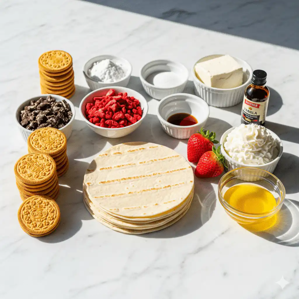 Ingredients for Strawberry Crunch Cheesecake Tacos no bake dessert