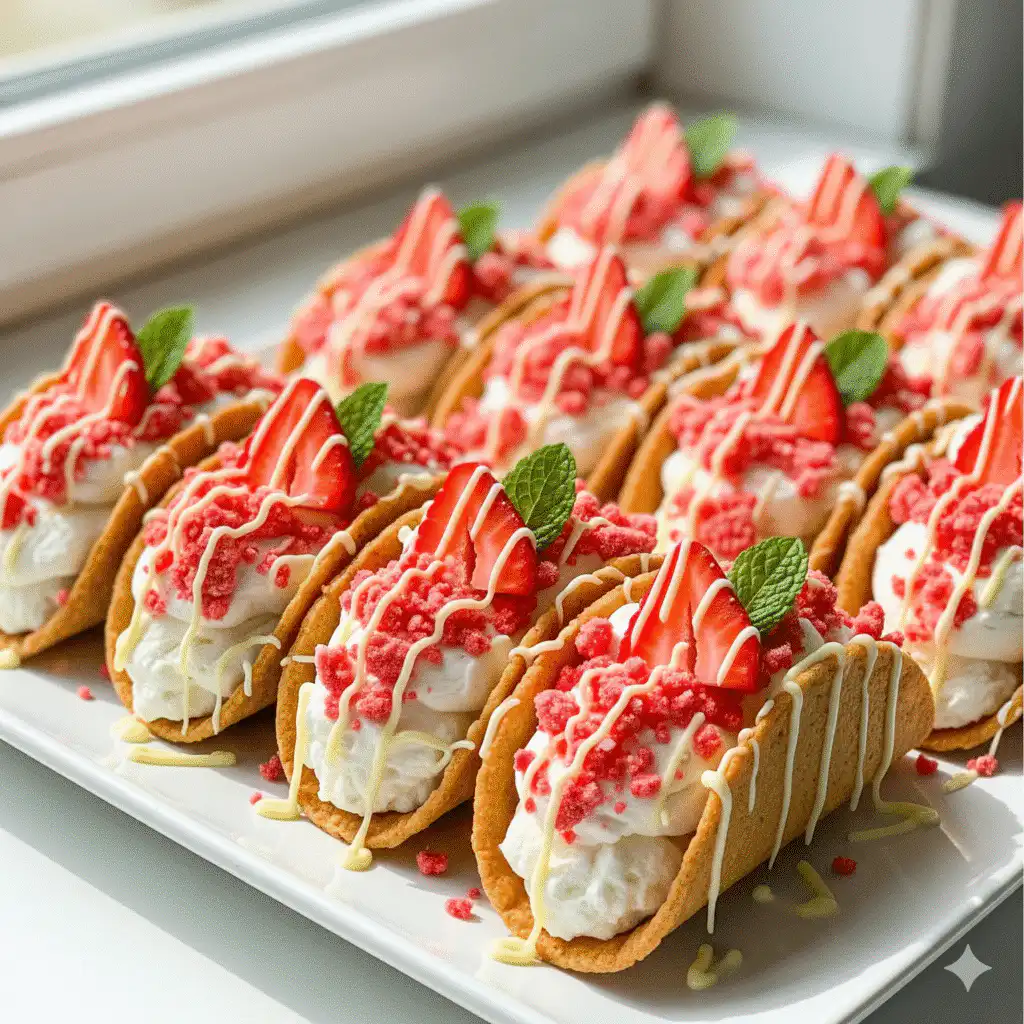 Strawberry Crunch Cheesecake Tacos served on a platter