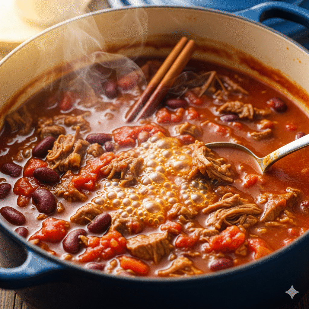 The Coziest Chili Recipe: Simple, Hearty, and Flavorful 5 The Coziest Chili Recipe simmering in a Dutch oven