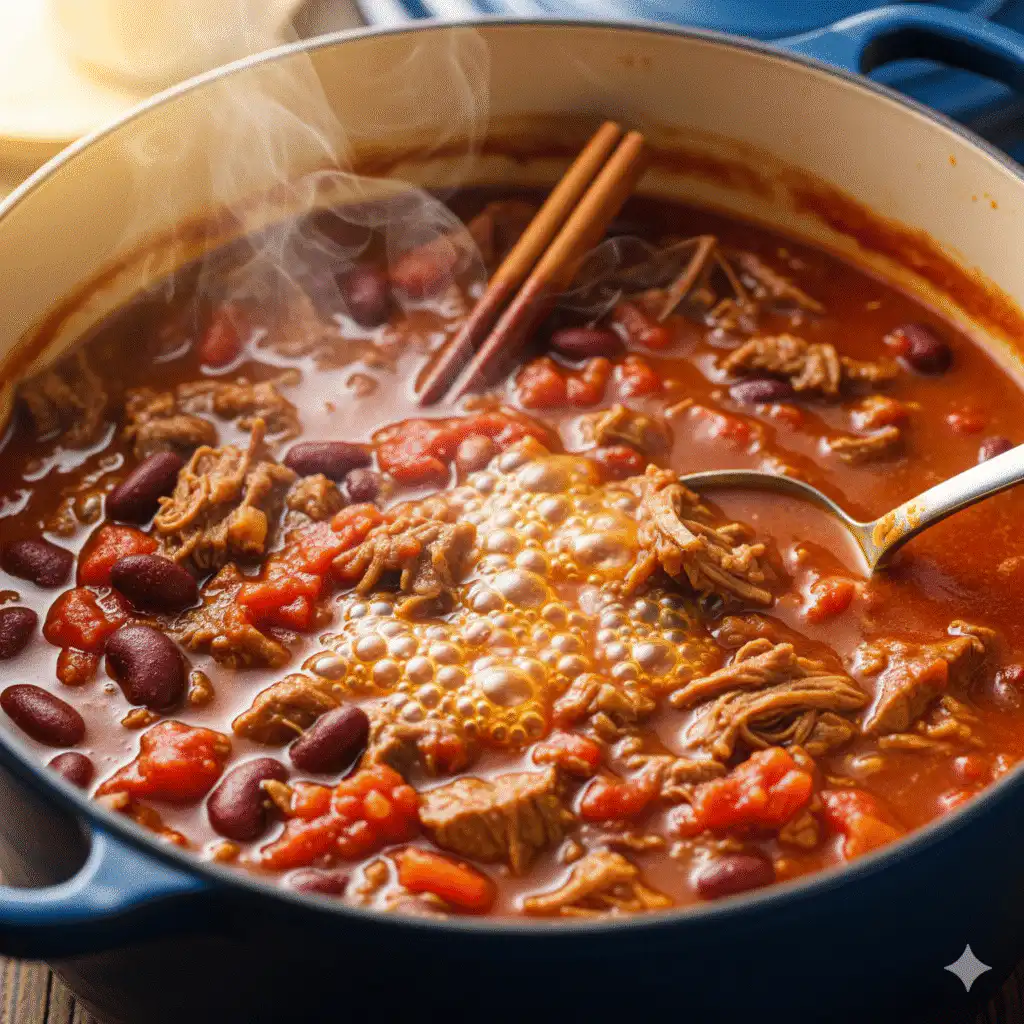 The Coziest Chili Recipe simmering in a Dutch oven