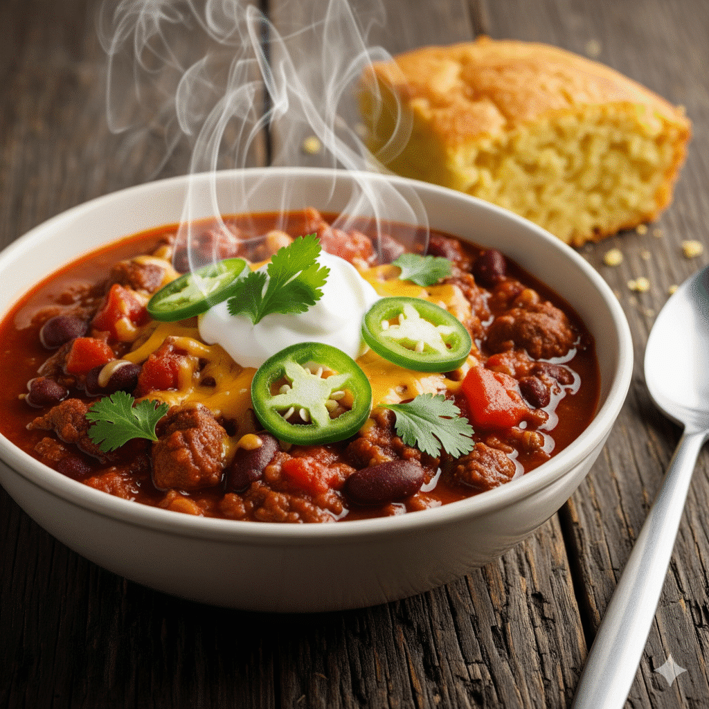 The Coziest Chili Recipe served with cornbread and toppings
